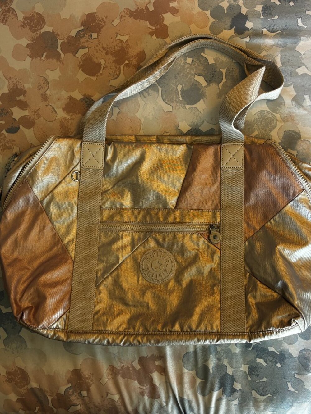 Kipling Metallic Gold Patchwork with Adjustable Zipper Sides Tote Bag